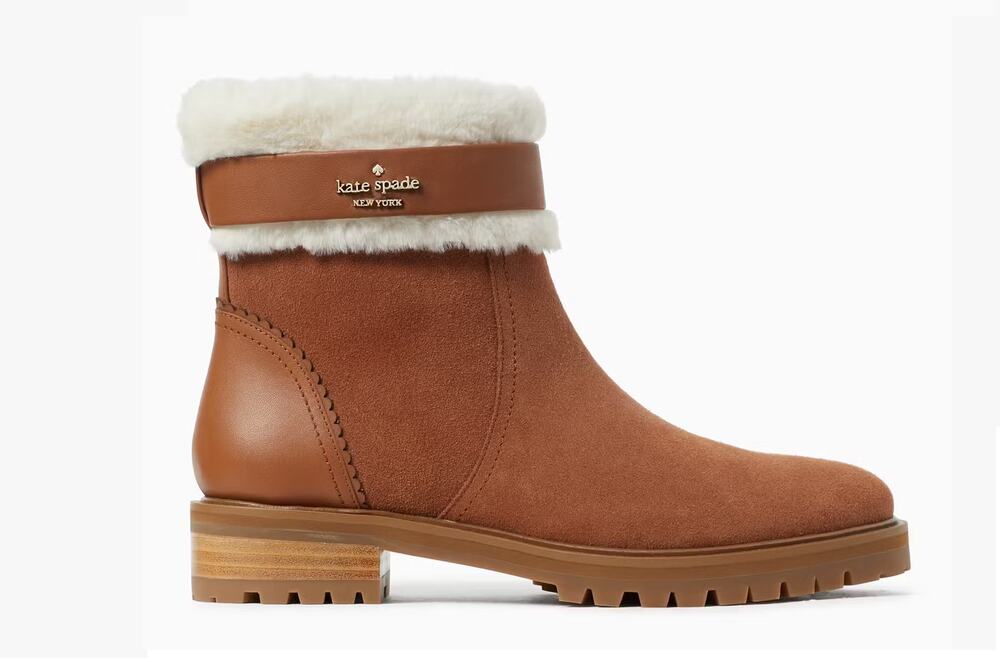 Kate Spade Bailee Winter Brown Booties Suede Faux Fur Top Zip Women Sz 9.5 B